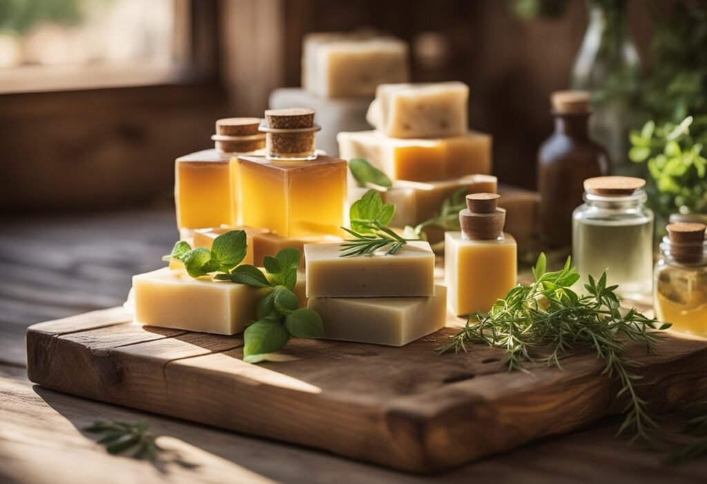 A rustic wooden table displays various handmade soaps in different shapes, colors, and scents, surrounded by fresh herbs and botanicals. Sunlight filters through a nearby window, casting a warm glow on the scene